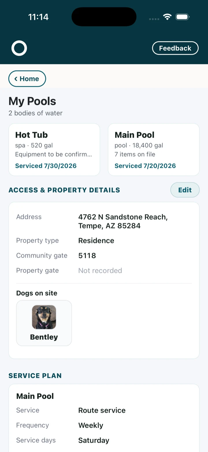 Both bodies of water with the date each was last serviced, the gate code, and the dog on site