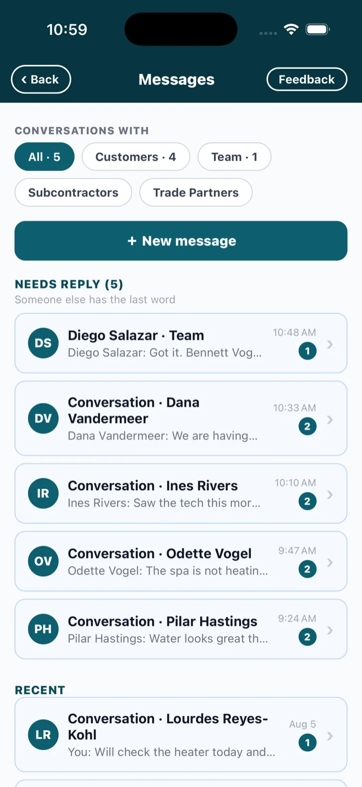 Every conversation in one place — homeowners and technicians, unread first, with who still owes a reply