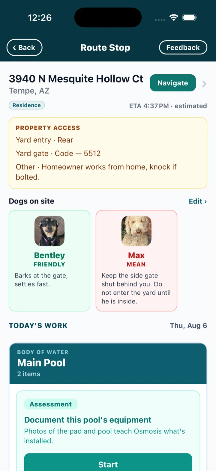 A route stop the app already understands: gate codes, yard entry, both dogs by name — the friendly one green, the one to wait out red — and today’s work